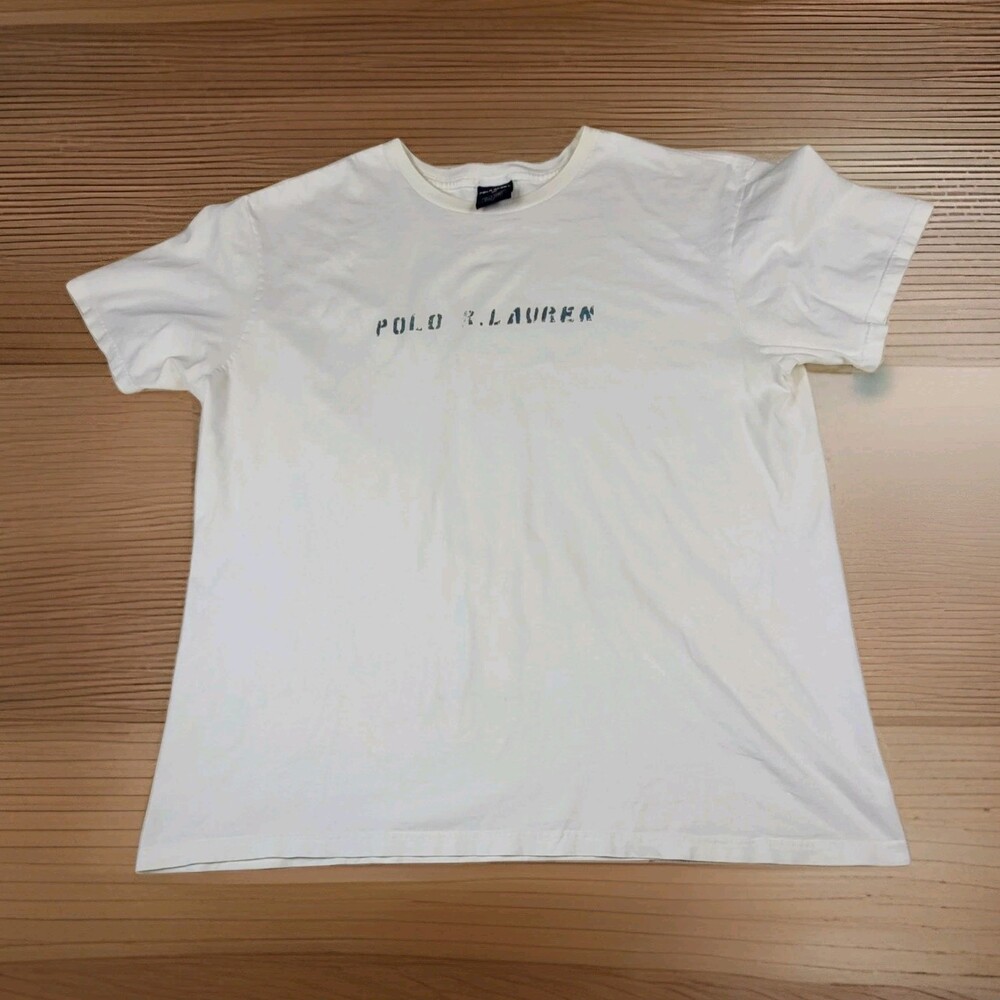 Vintage Polo Sport Ralph Lauren T-Shirt Mens XL Spell Out Faded Yellow/White 90s
